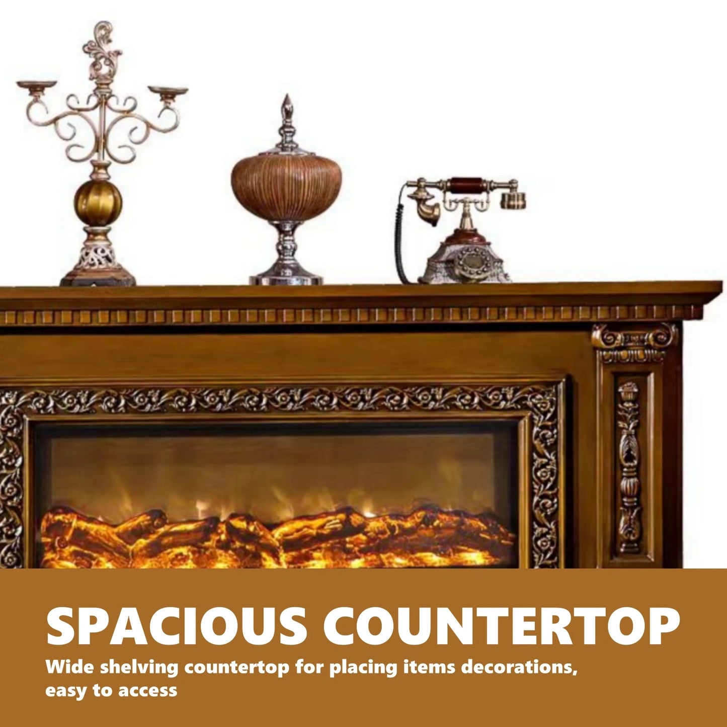 Aihm-Lon Brown Electric Fireplace with Vintage Pattern Engraving 79”