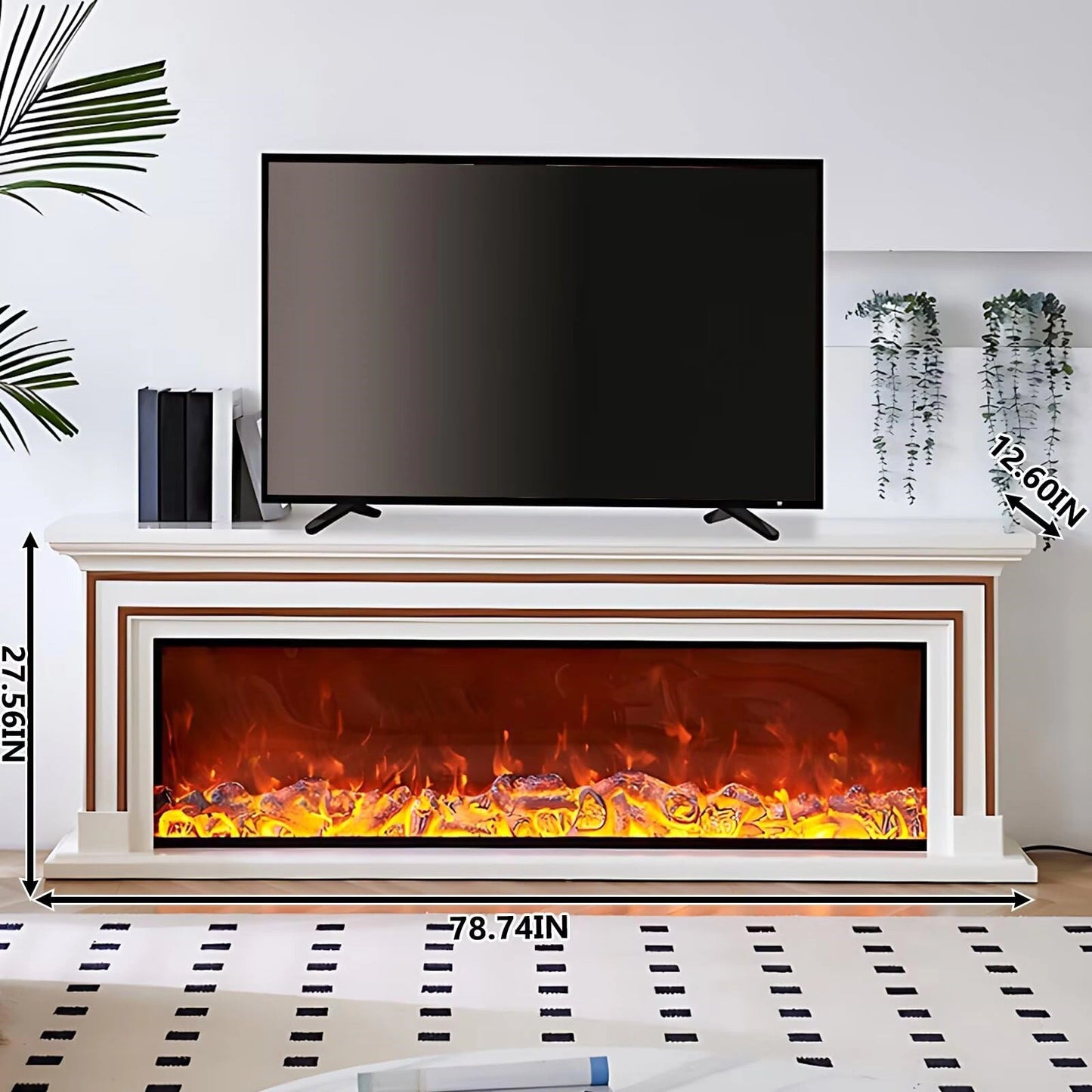 Aihm-Lon White Electric Fireplace with Decorative Flame Brown Line Design 71"-79”