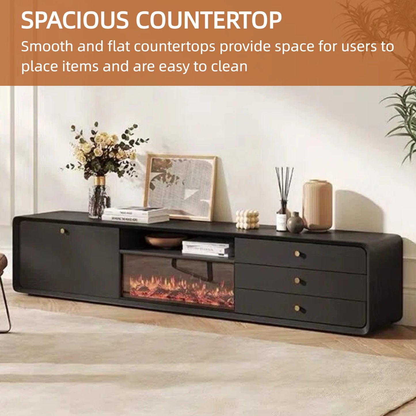 Aihm-Lon Indoor Electric Fireplace with Side Cabinet and 3 Drawers 79”-87"