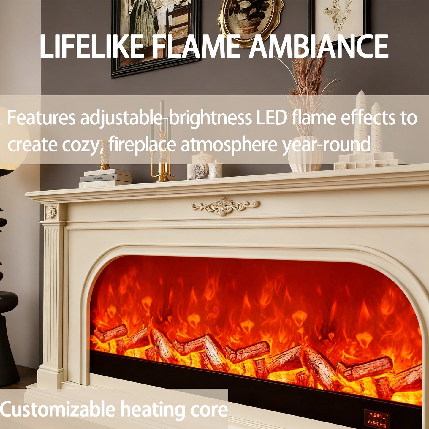 Aihm-Lon Tall Electric Fireplace Includes White Carved Design & Large Countertop 47”-79”