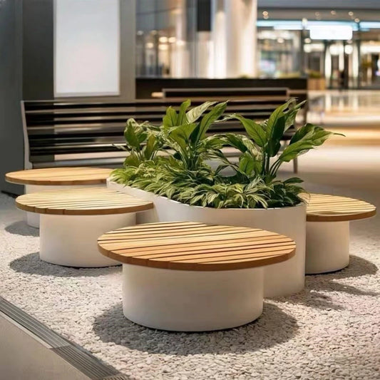 Aihm-Lon Landscape Bench with White Integrated Planter Box and Round Seats for Lobby 63"-71"