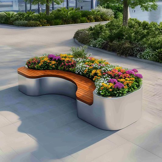 Aihm-Lon Landscape Bench with Unique Curved Flower Box Design for Park Courtyard Pedestrian Mall 70.86" - 86.61"
