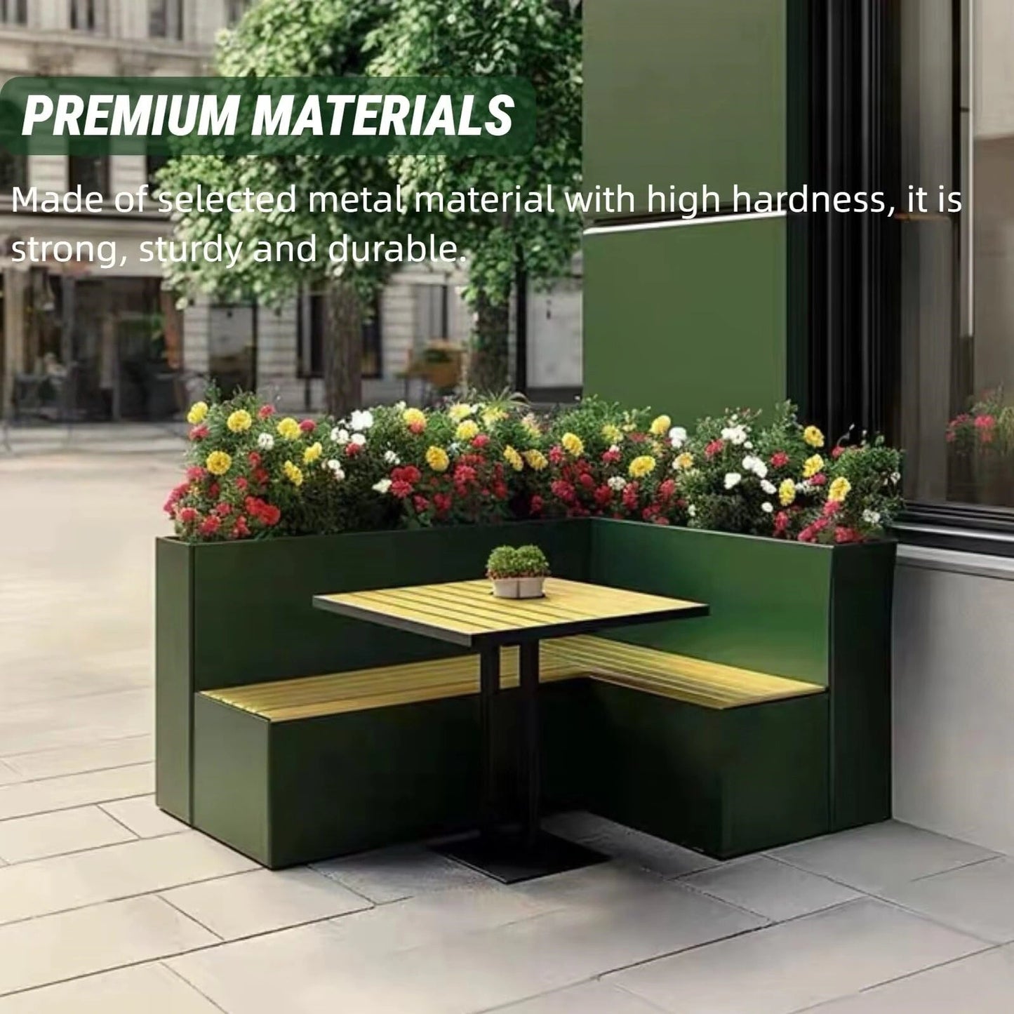 Aihm-Lon Landscape Bench with Green L-shaped Flower Box and Table 70.87"