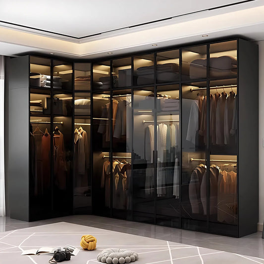 Aihm-Lon Black Wardrobes with Grey Glass Door with Storage Rack 79"-126"