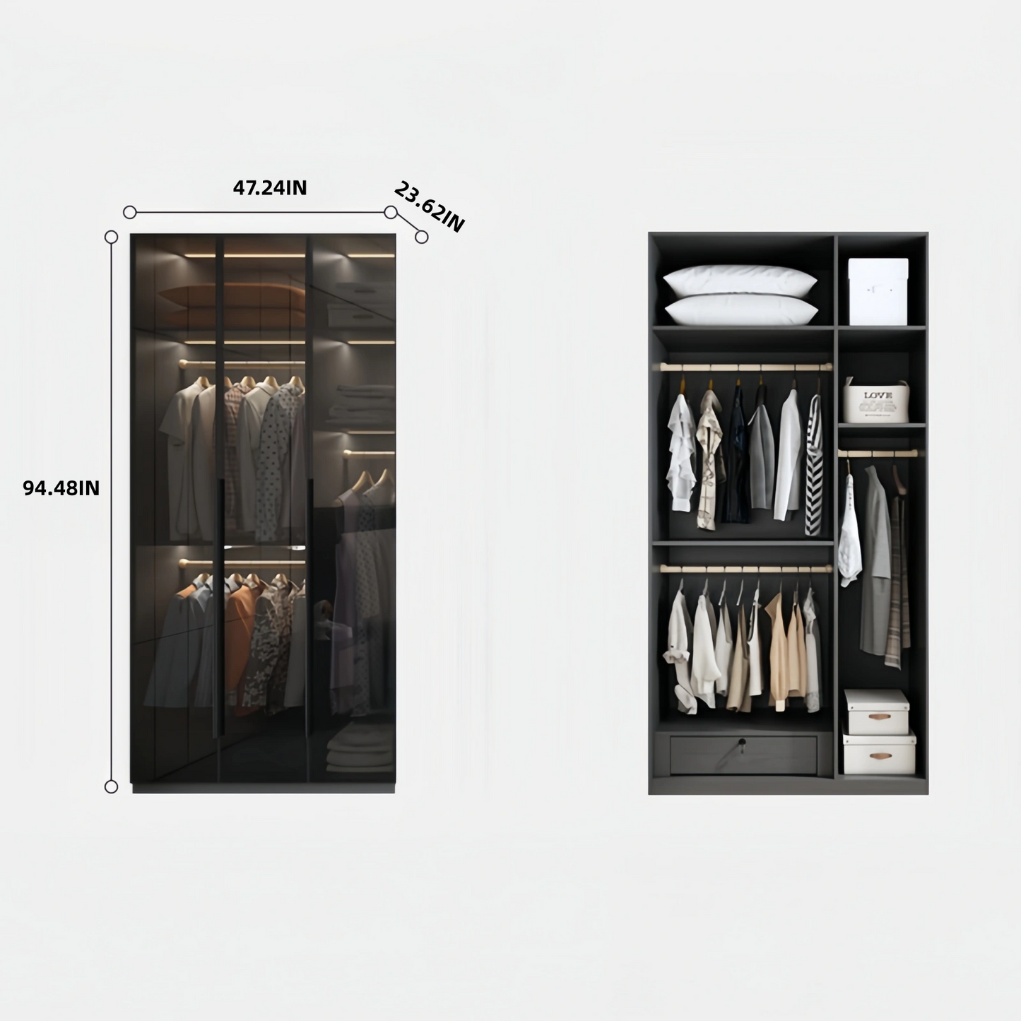 Aihm-Lon Wardrobe with Transparent Panels and Convenient Auto LED Lighting 24"-94"