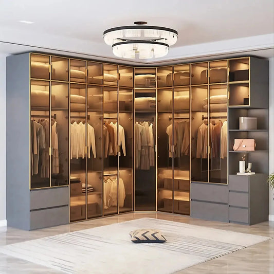 Aihm-Lon Wardrobe with Golden Luxury Door Frame and Glass Design 63"-94"