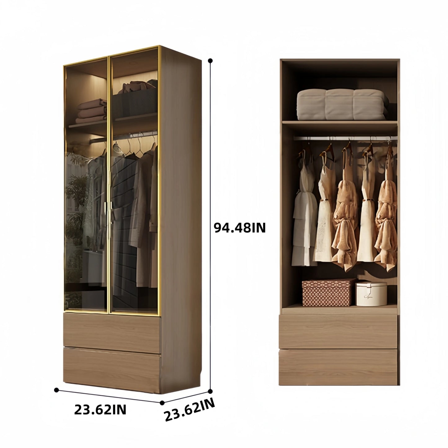 Aihm-Lon Wardrobe withLight Wood Planks and Gold Frame 24"-94"