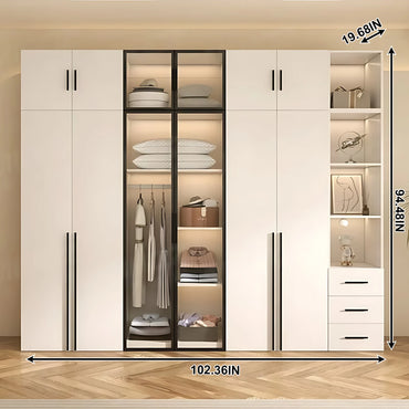 Aihm-Lon Sleek Wardrobes Closets with Black Exquisite Handle and Light 63"-102"