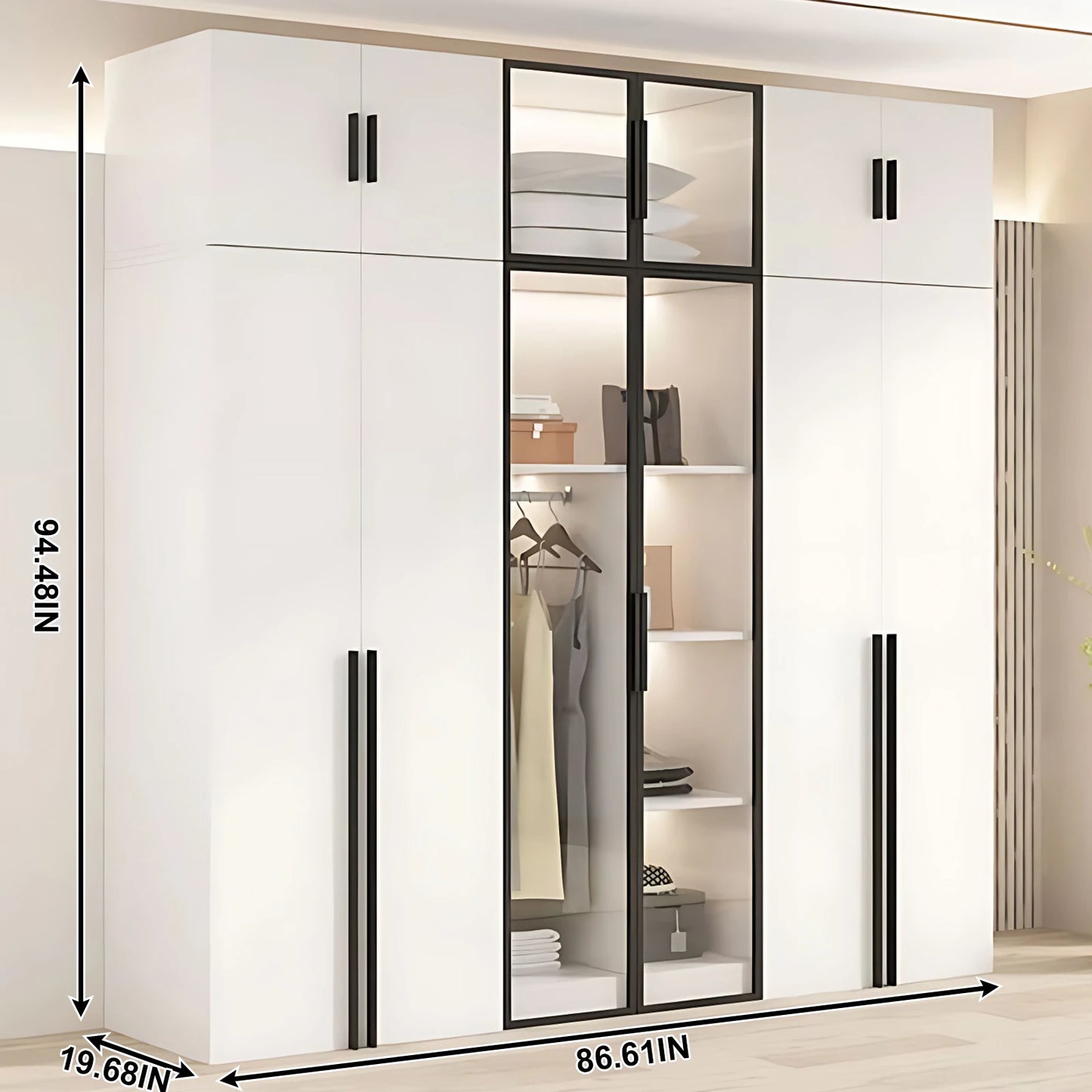 Aihm-Lon Sleek Wardrobes Closets with Black Exquisite Handle and Light 63"-102"