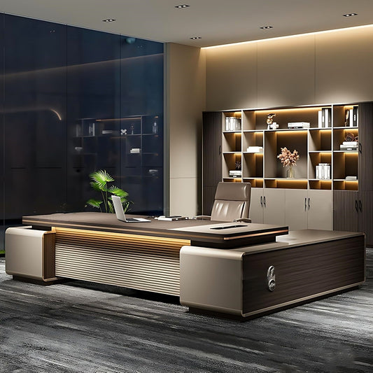 Aihm-Lon Contemporary Executive Desk with Side Storage Cabinet 78.7"-141.7"