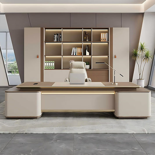 Aihm-Lon Beige Executive Desk with LED Minimalist Warm Wood Design 78.7"-141.7"