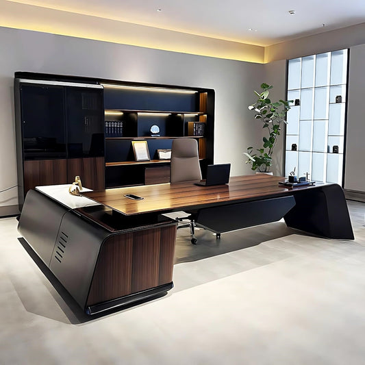 Aihm-Lon High-Grade Executive Desk with Asymmetrical Wood Table Leg 78.7"-141.7"