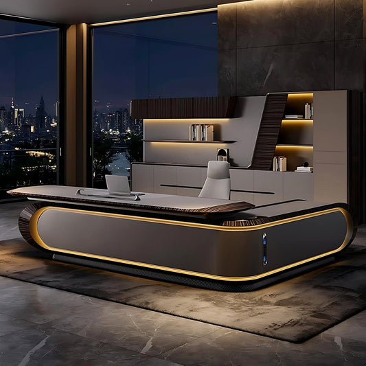Aihm-Lon Trendy Executive Desk with Elegant Curved LED Light 78.7"-141.7"