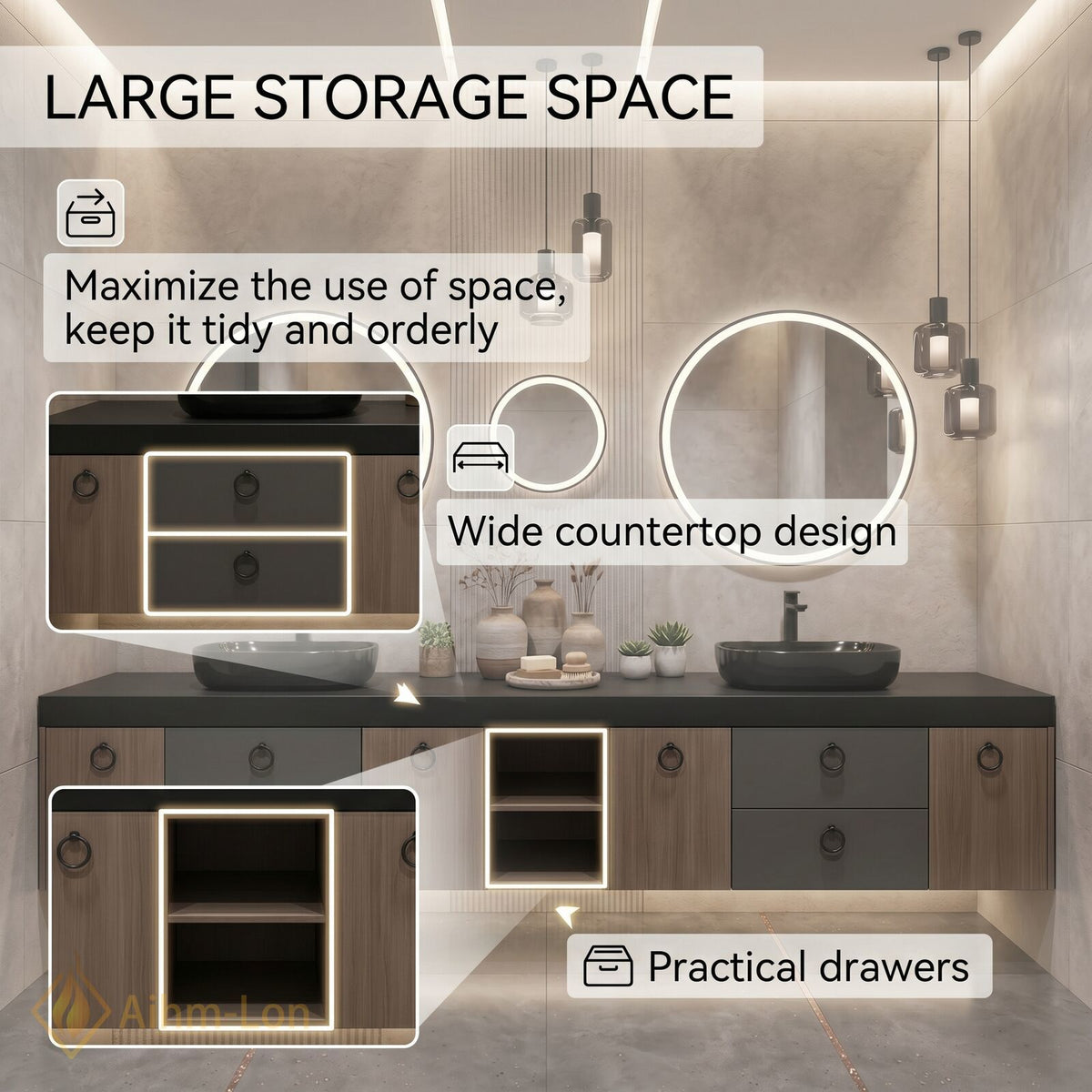 78''-96'' Double Bathroom Vanity with Sink Charcoal Finish Open Shelf Storage