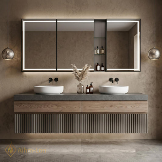 60''-96'' Bathroom Vanity with Sink Floating Ribbed Lower Panel Solid Wood Top