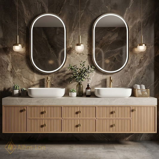 78''-96'' Double Bathroom Vanity with Sink Slatted Front Spacious Counter Cabinet