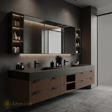 60''-96'' Bathroom Vanity with Sink Modern Floating Slatted Panels Open Center Dark
