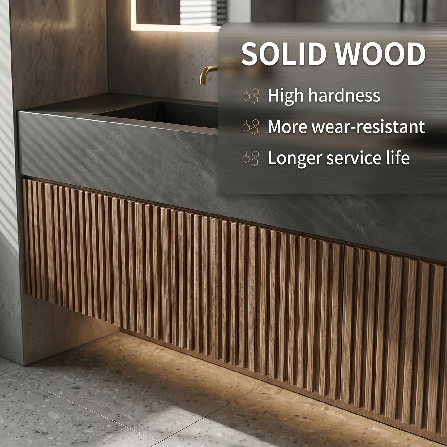 70''-96'' Modern Bathroom Vanity with Sink Slatted Wood Front Dark Grey Top
