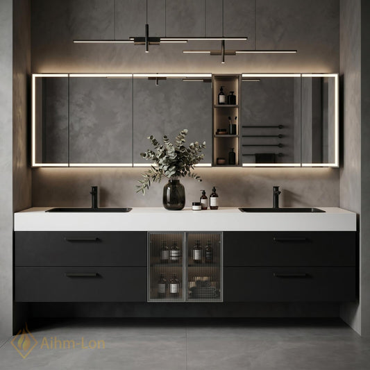 60''-96'' Double Bathroom Vanity with Sink Charcoal Modern Floating Fluted Glass Doors