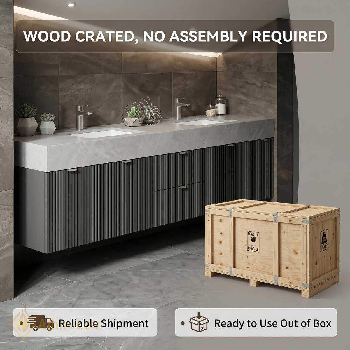 60''-96'' Bathroom Vanity with Sink Floating Stone Top Slatted Front Mirror Cabinets