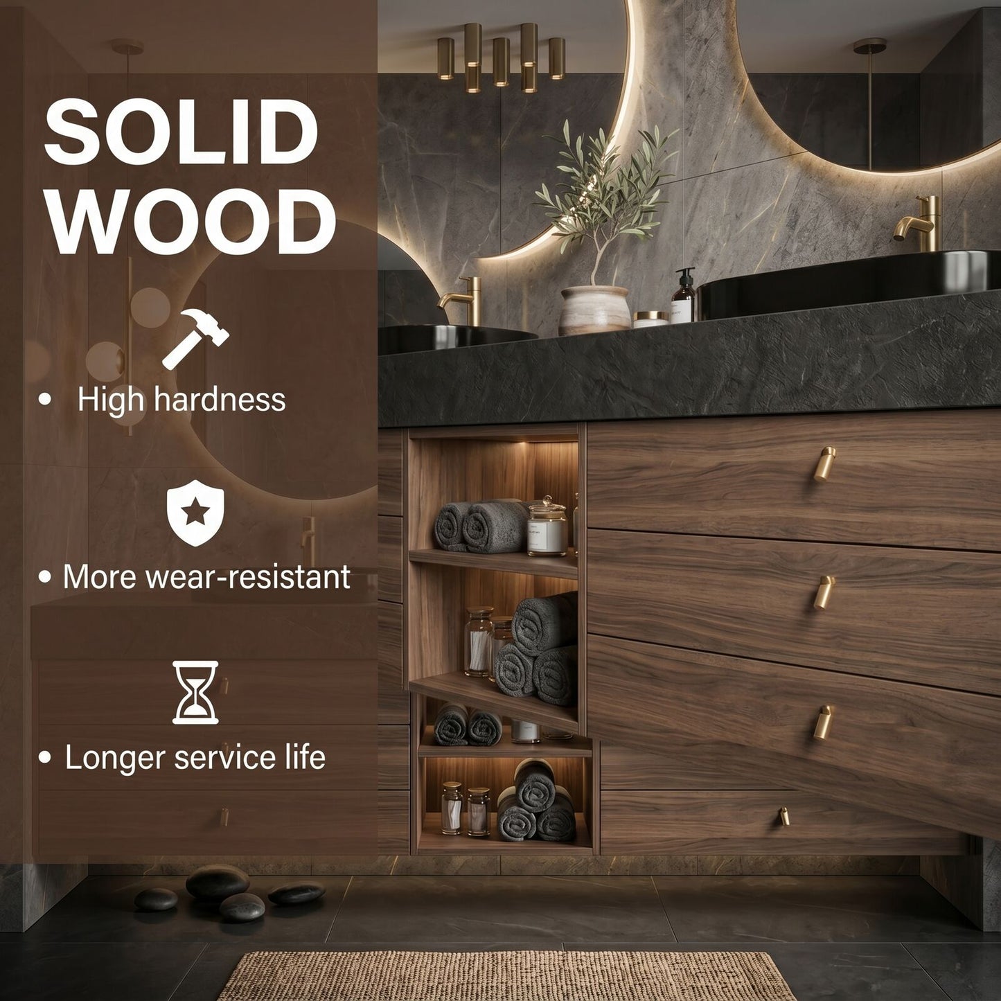 60''-96'' Modern Bathroom Vanity with Sink Double Sink Dark Wood Circular Mirror Open Shelf