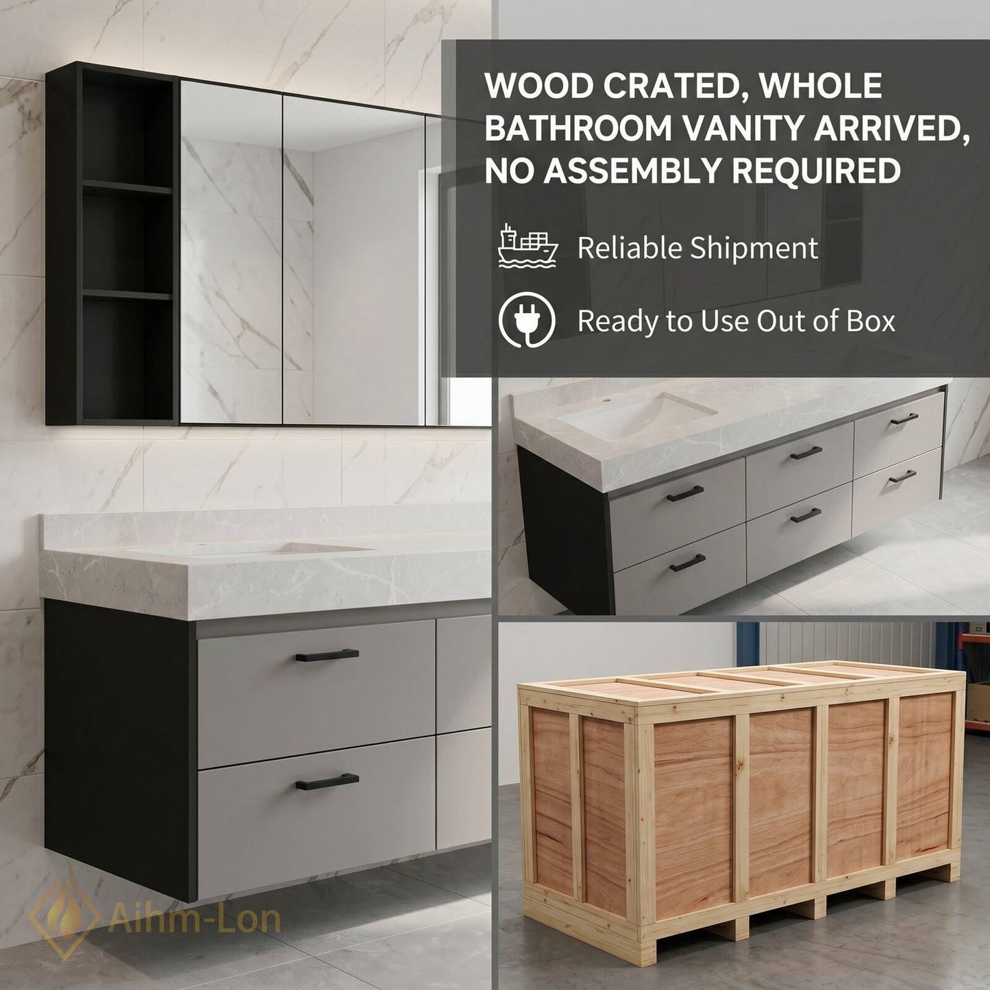 60''-96'' Modern Bathroom Vanity with Sink Thick Marble Floating Drawers Mirror Cabinet