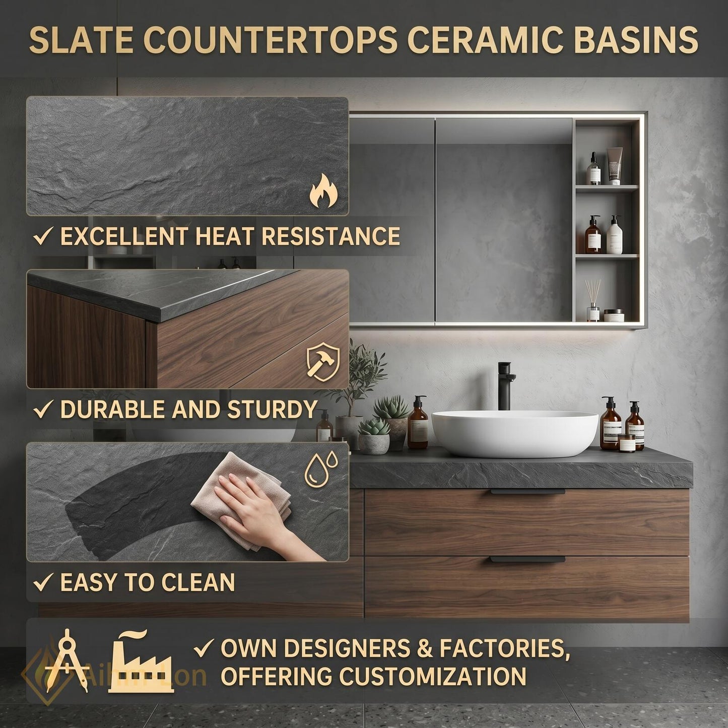 60''-96'' Double Bathroom Vanity with Sink Dark-Walnut Modern Floating Drawers Open