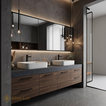 60''-96'' Double Bathroom Vanity with Sink Floating Dark Stone Top Warm Wood