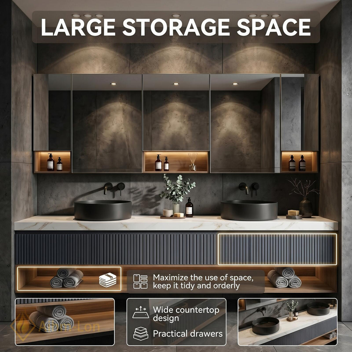 60''-96'' Double Bathroom Vanity with Sink Modern Floating Slatted Front Panel Marble