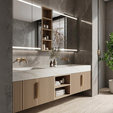 60''-96'' Double Bathroom Vanity with Sink Floating Slatted Vertical Panel Warm Woodgrain