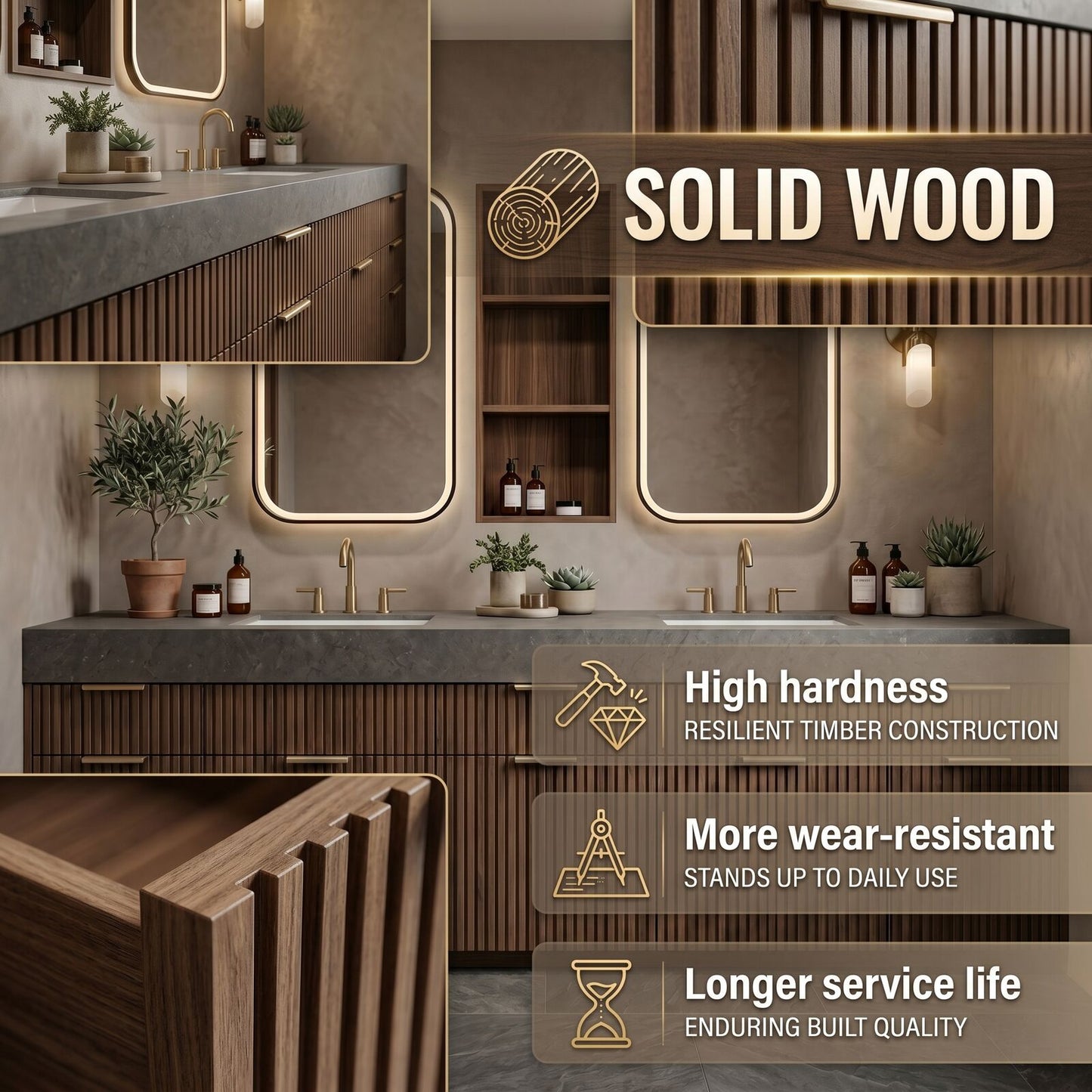 72''-96'' Modern Bathroom Vanity with Sink Dark Stone Wood Slatted Doors Shelf Cabinet