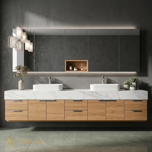 60''-96'' Double Bathroom Vanity with Sink White Marble-look Top Natural Oak Spacious Drawers
