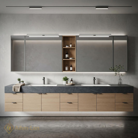 60''-96'' Double Bathroom Vanity with Sink Floating Oak Finish Slatted Open Shelving