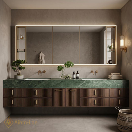 72''-96'' Double Bathroom Vanity with Sink Dark-Walnut Green Modern Floating Slatted