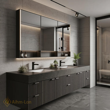 72''-96'' Double Bathroom Vanity with Sink Dark Grey Floating Panels Stone Ribbed