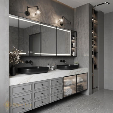 60''-96'' Double Bathroom Vanity with Sink Modern Floating White Marble Glass Doors