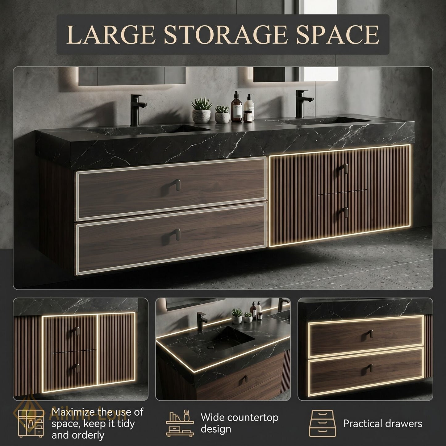 60''-96'' Double Bathroom Vanity with Sink Slat-Front Lower Cabinet Wall-Mounted Slat Dark