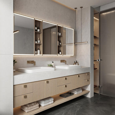 60''-96'' Double Bathroom Vanity with Sink Modern Floating Slatted Front Panels Open Shelf