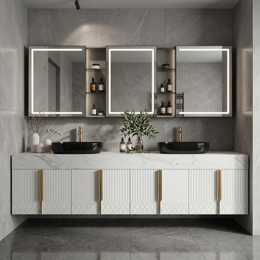 60''-96'' Double Bathroom Vanity with Sink Floating White Marble-Effect Vertical Grooves Glass