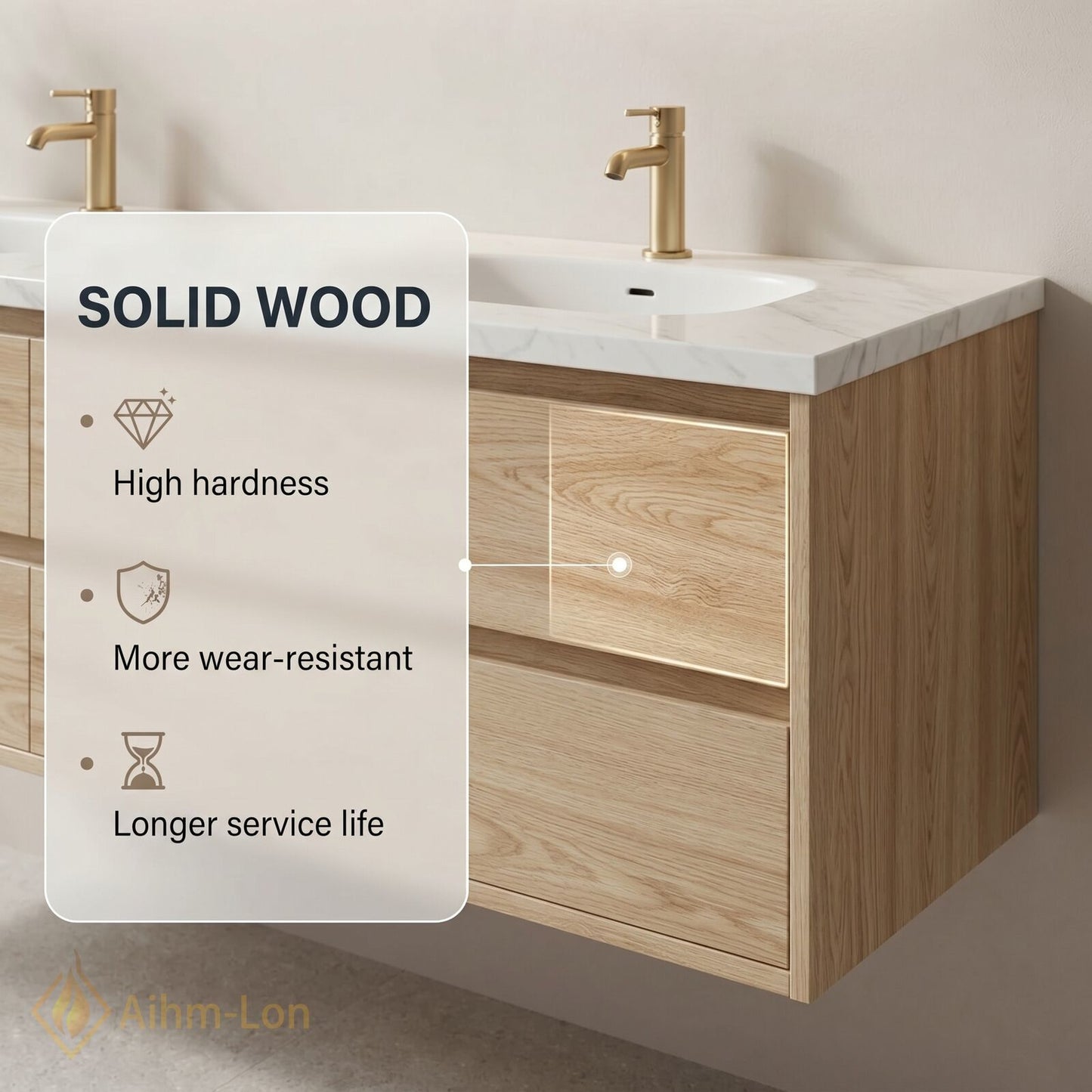 60''-96'' Modern Bathroom Vanity with Sink Marble Floating Wooden Grain Lighted Mirror