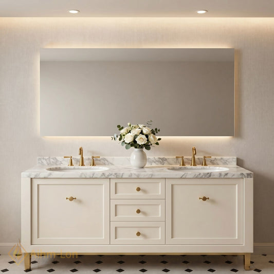 60''-96'' Modern Bathroom Vanity with Sink White Shaker Marble Gold Hardware Drawers
