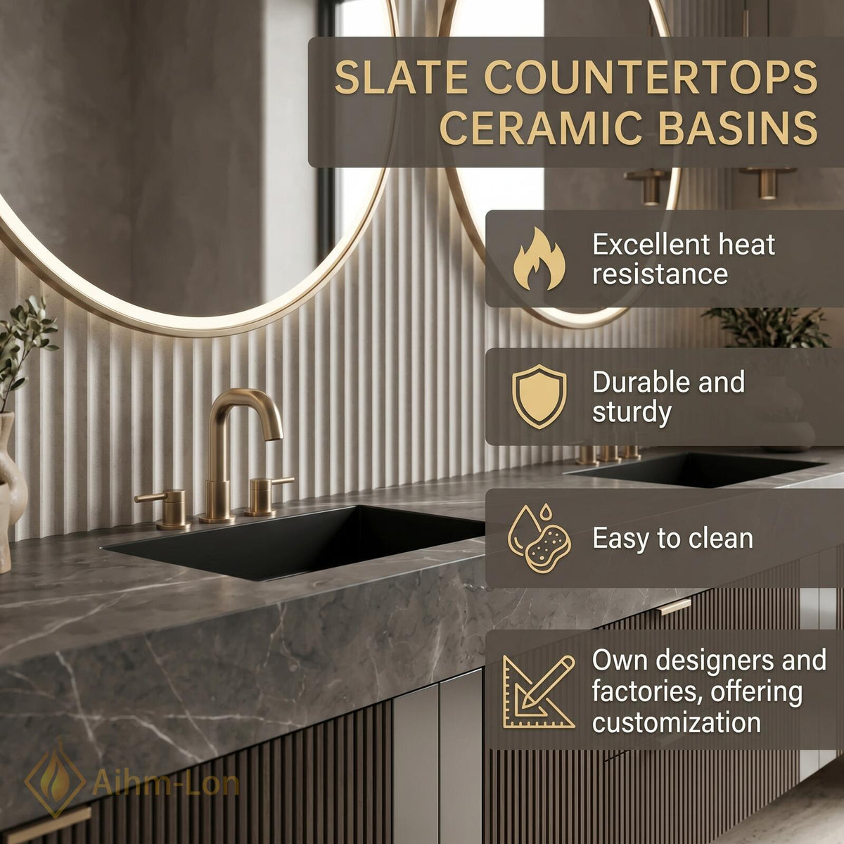 60''-96'' Double Bathroom Vanity with Sink Dark Modern Floating Stone-Top Slatted