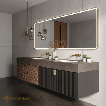 60''-96'' Double Bathroom Vanity with Sink Modern Geometric Drawers Dark Stone Veined