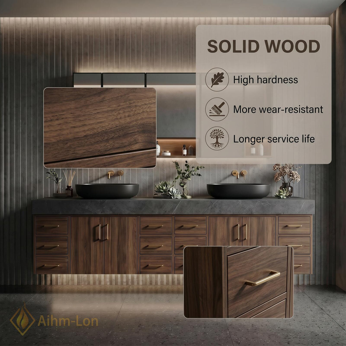 78''-96'' Double Bathroom Vanity with Sink Floating Double Dark Wood Finish Open