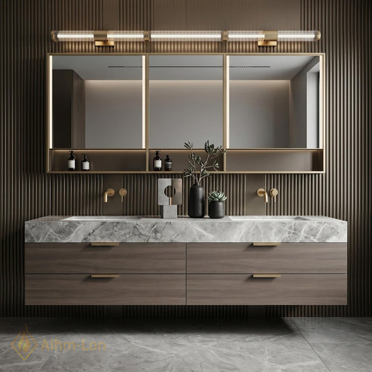60''-96'' Double Bathroom Vanity with Sink Marble Top Warm Walnut Drawers Shelving