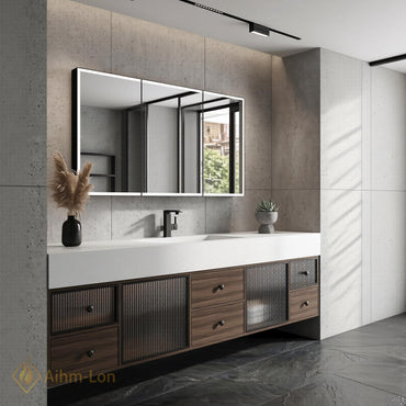 60''-96'' Bathroom Vanity with Sink Floating Slatted Glass Doors White Solid Top