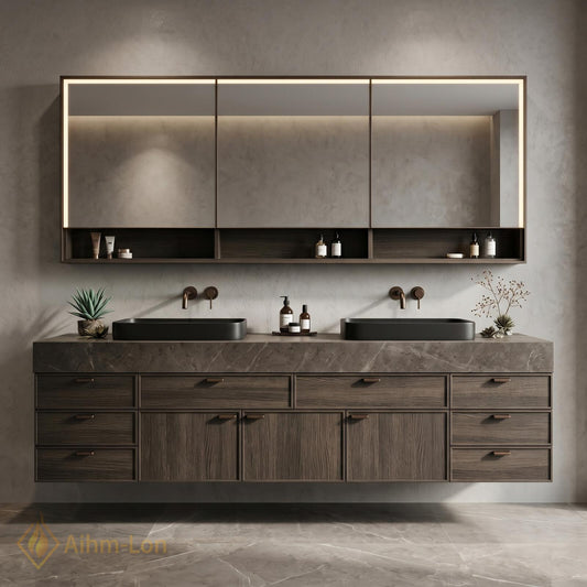 72''-96'' Double Bathroom Vanity with Sink Dark-Walnut Floating Grain Drawer Storage