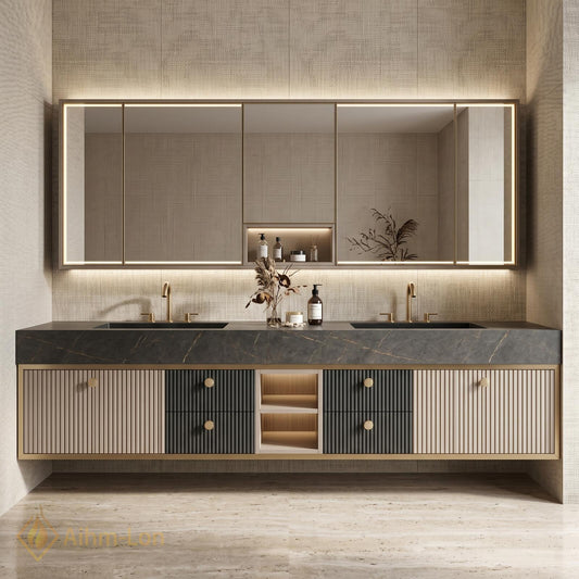 60''-96'' Double Bathroom Vanity with Sink Floating Slatted Doors Central Open Shelving