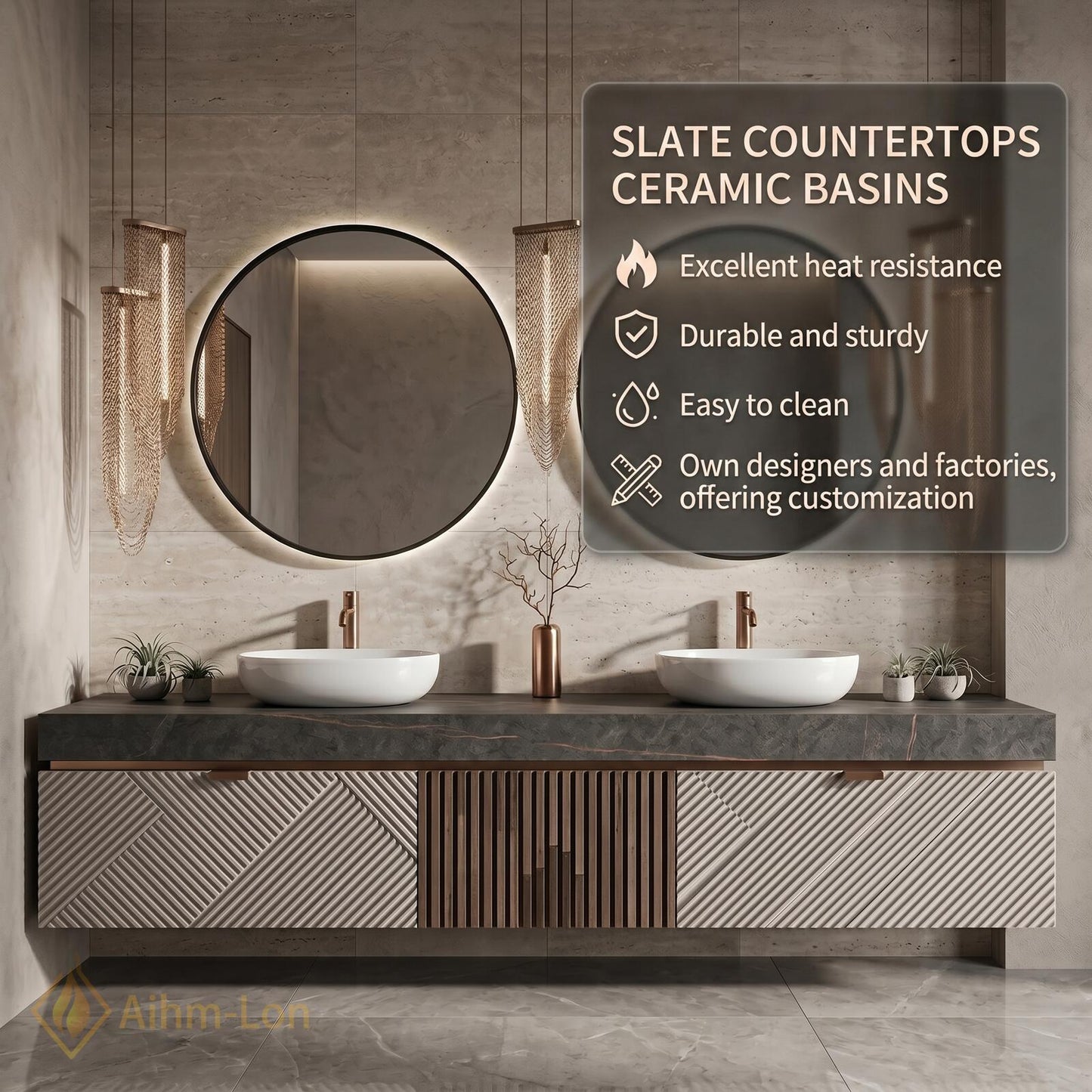 60''-96'' Double Bathroom Vanity with Sink Modern Floating Panel Slatted Open Shelving