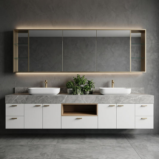 60''-96'' Double Bathroom Vanity with Sink Modern Floating Grey Marble Top White Cabinet
